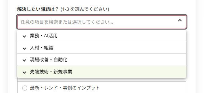 解決したい課題は?の選択肢 業務・AI活用 人材・組織 現場改善・自動化 先端技術・新規事業
