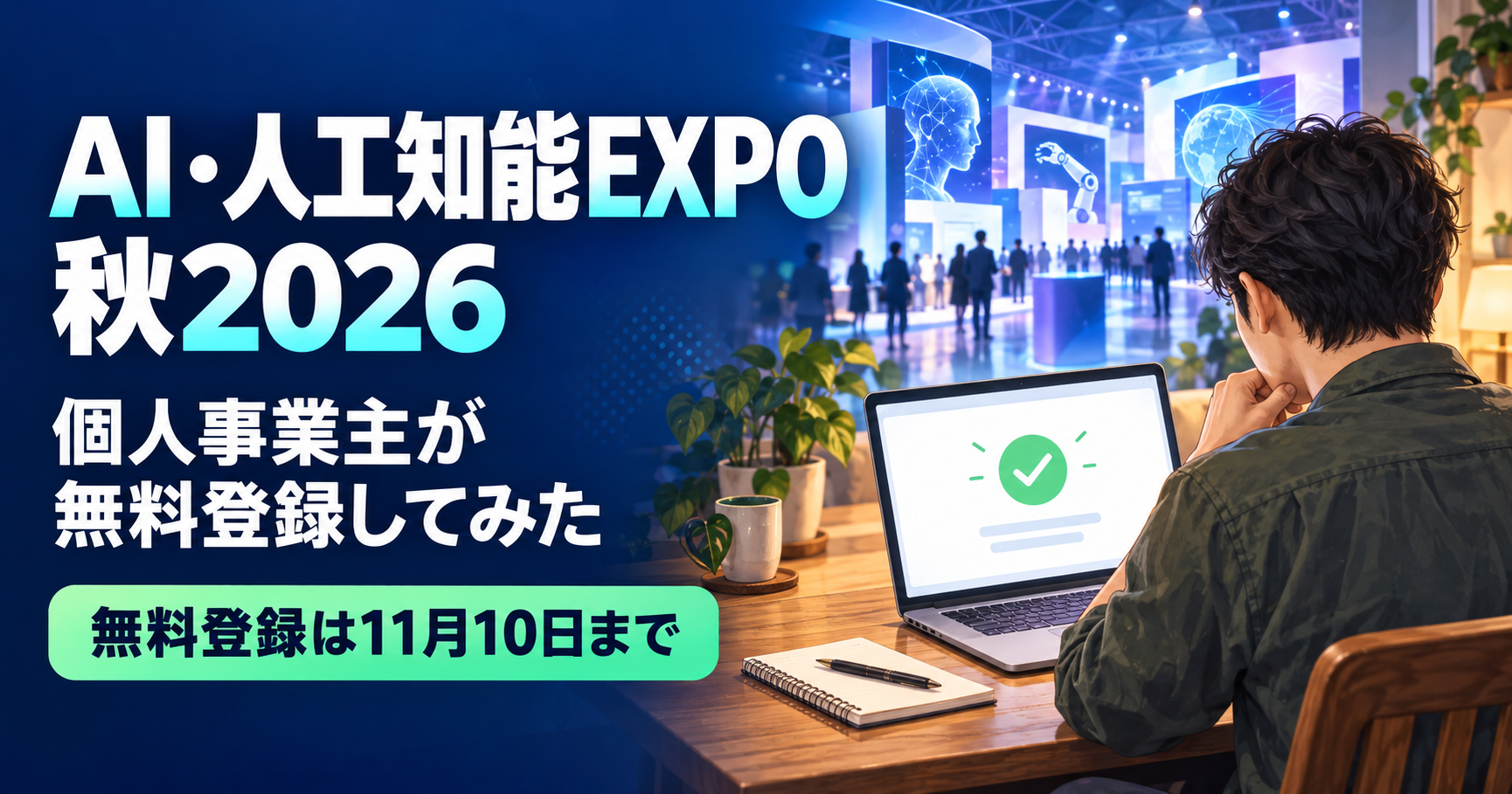 AI展示会をイメージした背景と、ノートパソコンで登録完了を確認する男性。AI・人工知能EXPO秋2026、無料登録は11月10日までと記載。