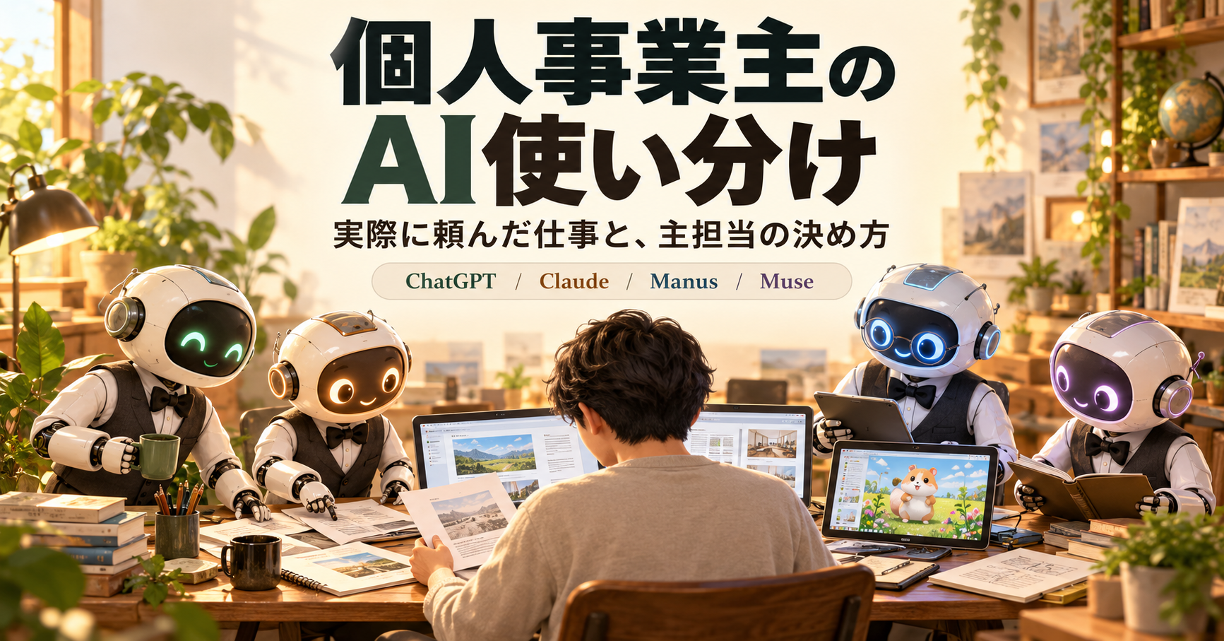 「個人事業主のAI使い分け」「実際に頼んだ仕事と、主担当の決め方」の文字。制作者と4体のロボット執事が机を囲み、資料やパソコンを確認している。ChatGPT・Claude・Manus・Museの名前が並ぶ。