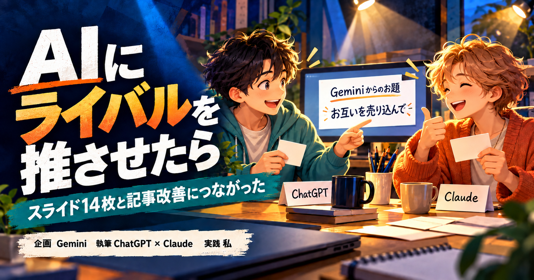 Geminiの「お互いを売り込んで」というお題を見て、ChatGPTとClaudeを擬人化した二人が向き合うイラスト。「AIにライバルを推させたら、スライド14枚と記事改善につながった」と書かれている。