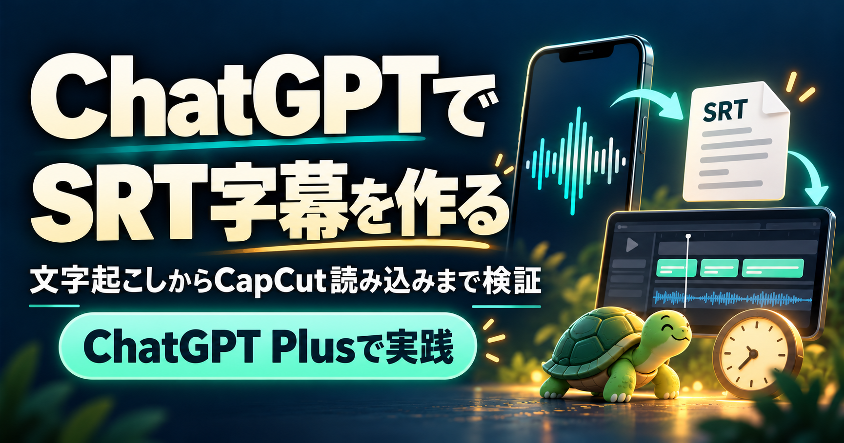 濃紺の背景に「ChatGPTでSRT字幕を作る」「文字起こしからCapCut読み込みまで検証」と書かれ、音声波形を表示したスマートフォンからSRTファイル、字幕編集画面へつながる流れを描いたイラスト。右下に亀と時計が添えられている。