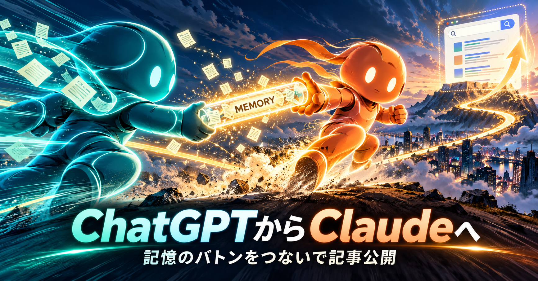 青緑のChatGPT役からオレンジ色のClaude役へ「MEMORY」のバトンを渡すイラスト。Claudeの走る先に検索結果画面を描き、「ChatGPTからClaudeへ」「記憶のバトンをつないで記事公開」と記したアイキャッチ。