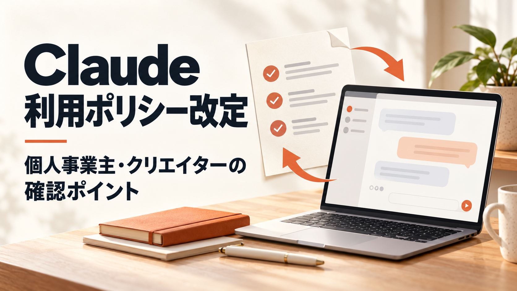 Claude利用ポリシー改定の確認ポイントを示すアイキャッチ。AIチャット画面のノートパソコンとチェック付き文書に、「Claude 利用ポリシー改定」「個人事業主・クリエイターの確認ポイント」の文字。