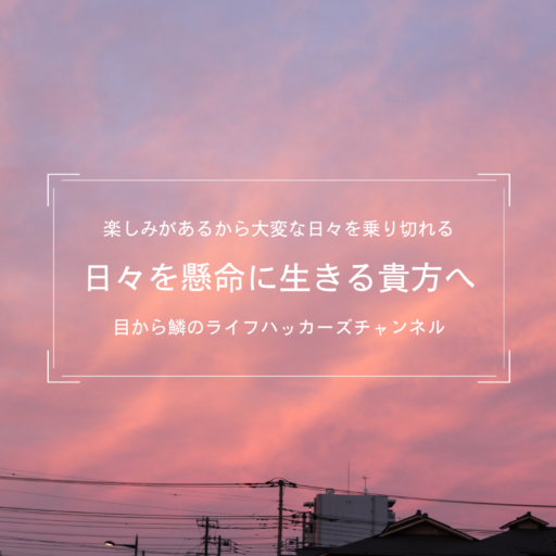 YouTubeのチャンネル背景画像にした画像。夕焼けの写真をバックにテキストで「楽しみがあるから大変な日々を乗り切れる」「日々を懸命に生きる貴方へ」「目から鱗のライフハッカーズチャンネル」と書かれている。