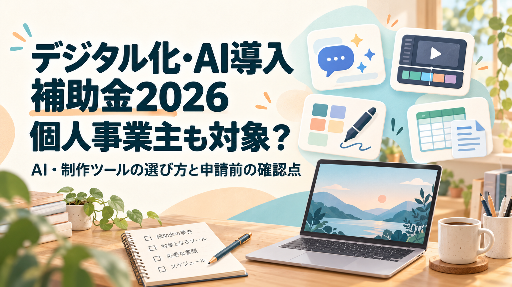 デジタル化・AI導入補助金2026を個人事業主向けに解説するアイキャッチ。明るい作業机のノートPCと、AIチャット・動画編集・デザイン・表計算を表すイラスト。