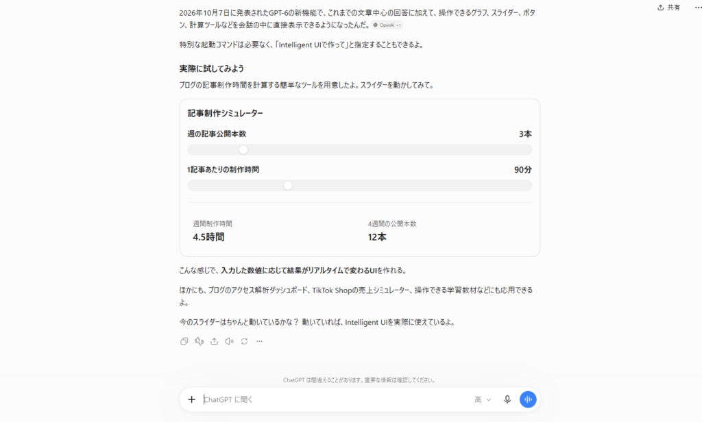 ChatGPTにIntelligent UIを使いたいと書き込んで出力された記事制作シミュレーターの画面スクリーンショット。初期値は週の記事公開本数3本、1記事あたりの制作時間90分で週間制作時間4.5時間、4週間の公開本数12本と表示されている。