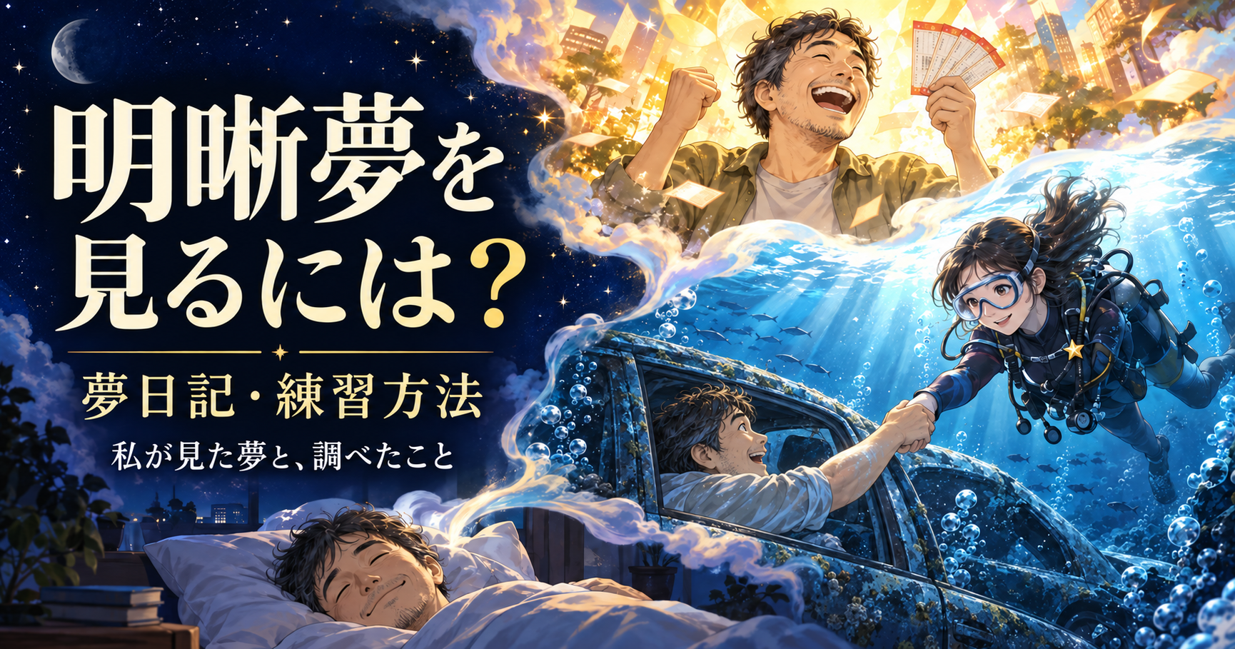 眠る男性から、宝くじを手に喜ぶ夢と、海に沈んだ車の窓から女性ダイバーに救い出される夢が広がるイラスト。「明晰夢を見るには？」「夢日記・練習方法」「私が見た夢と、調べたこと」と書かれている。