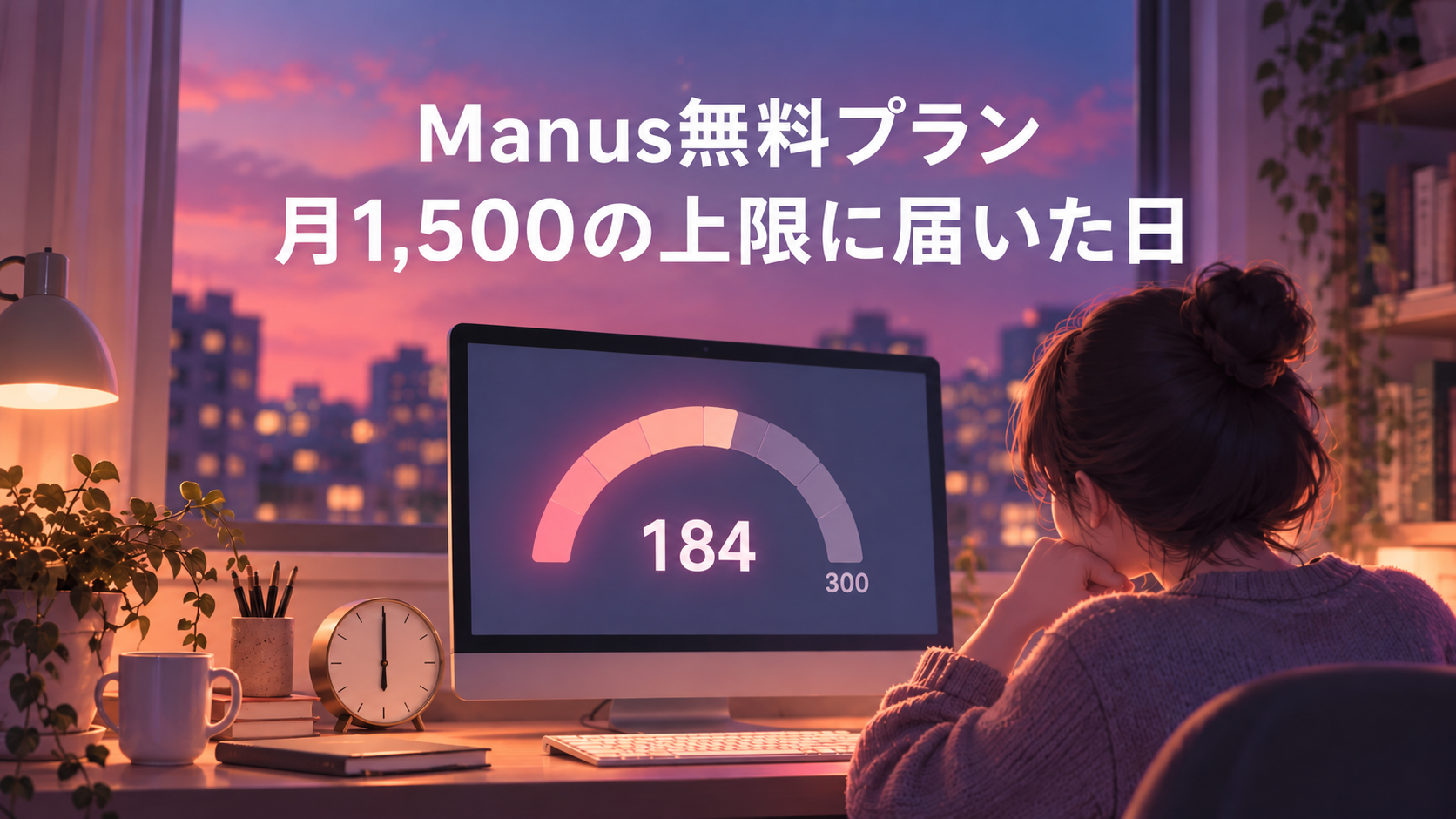 夕焼けを背景に、18時を示す時計と、残高184・上限300のゲージを表示したパソコンを人物が見つめるイラスト。「Manus無料プラン」「月1,500の上限に届いた日」と書かれている。