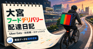 「大宮フードデリバリー配達日記」「Uber Eats・出前館・ロケットナウ」「実走データを随時更新」と書かれた、日めくりカレンダーから伸びる道路を配達員が自転車で走るアイキャッチ画像