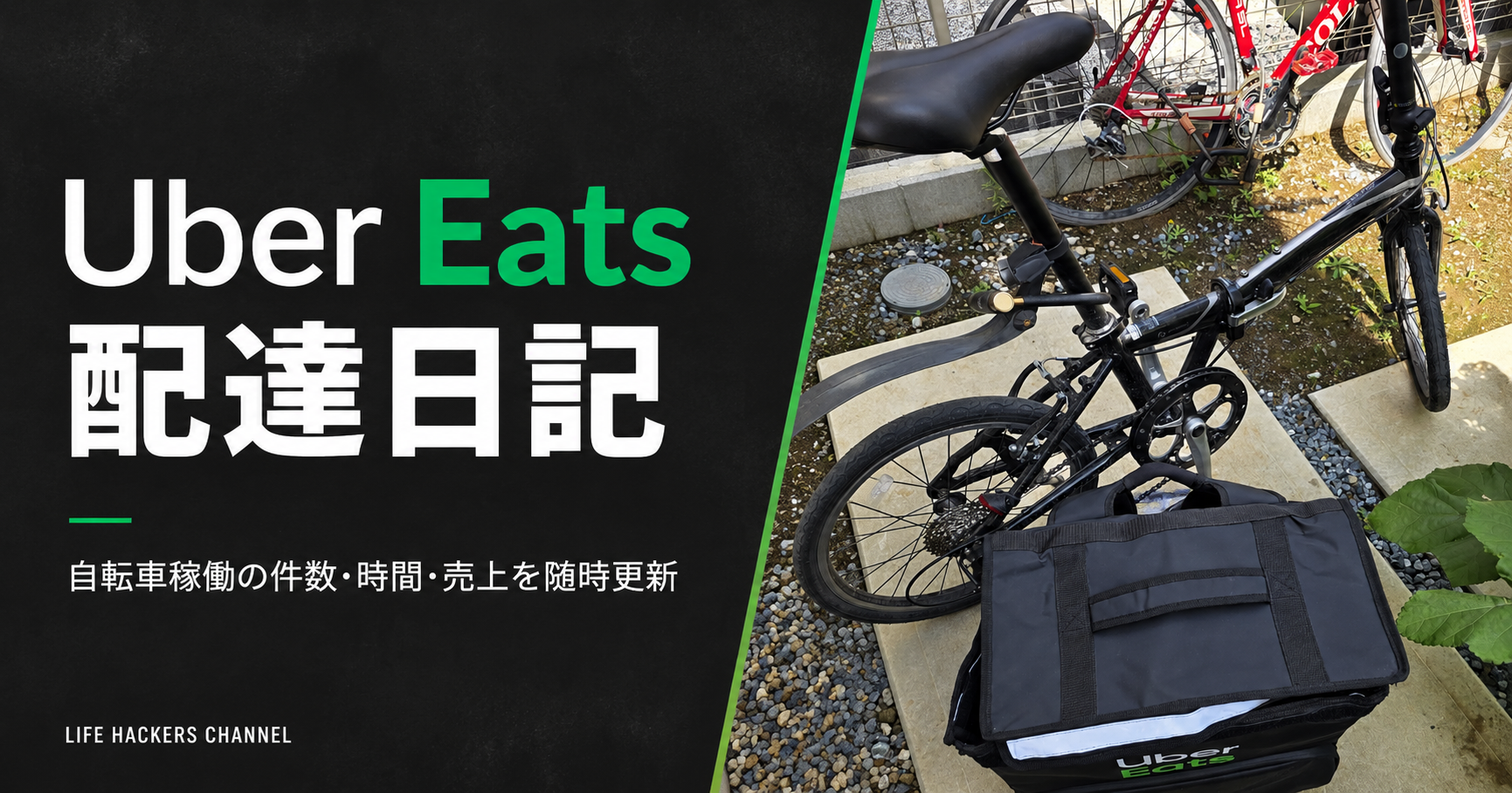 Uber Eats の配達に使用している折りたたみ自転車とUber Eats 配達バッグ通称ウバッグの写真に、Uber Eats 配達日記というテキストが埋め込まれている