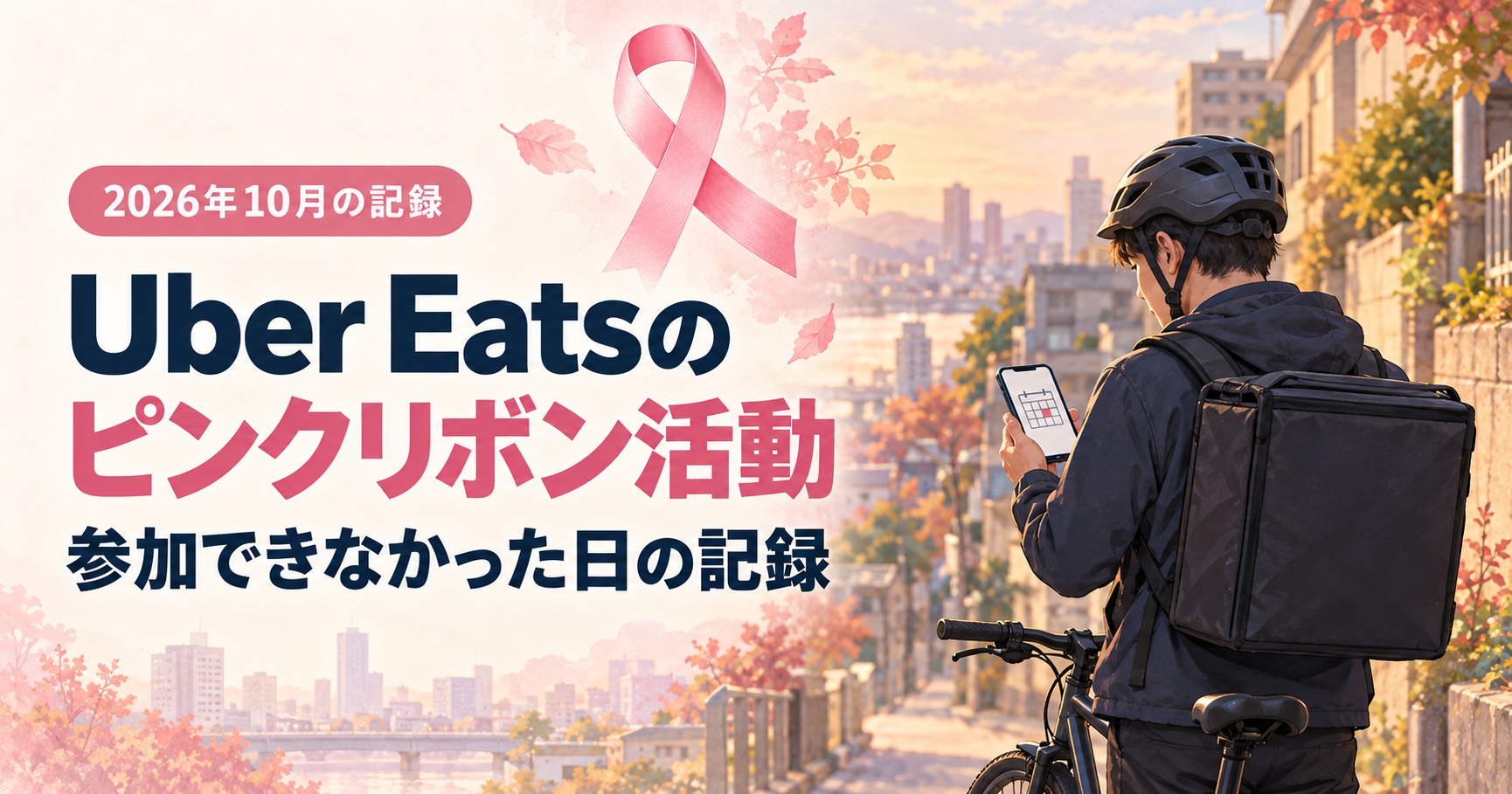 ピンクリボンと、自転車のそばでスマートフォンを確認する配達員のイラスト。『Uber Eatsのピンクリボン活動』『参加できなかった日の記録』と記載。