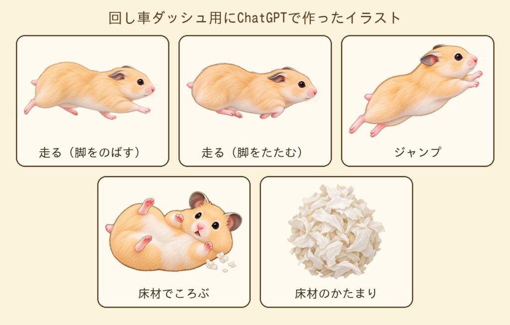 回し車ダッシュ用にChatGPTで作った日向葵ちゃんのイラスト。走る姿2枚、ジャンプ、床材でころぶ姿、床材のかたまり