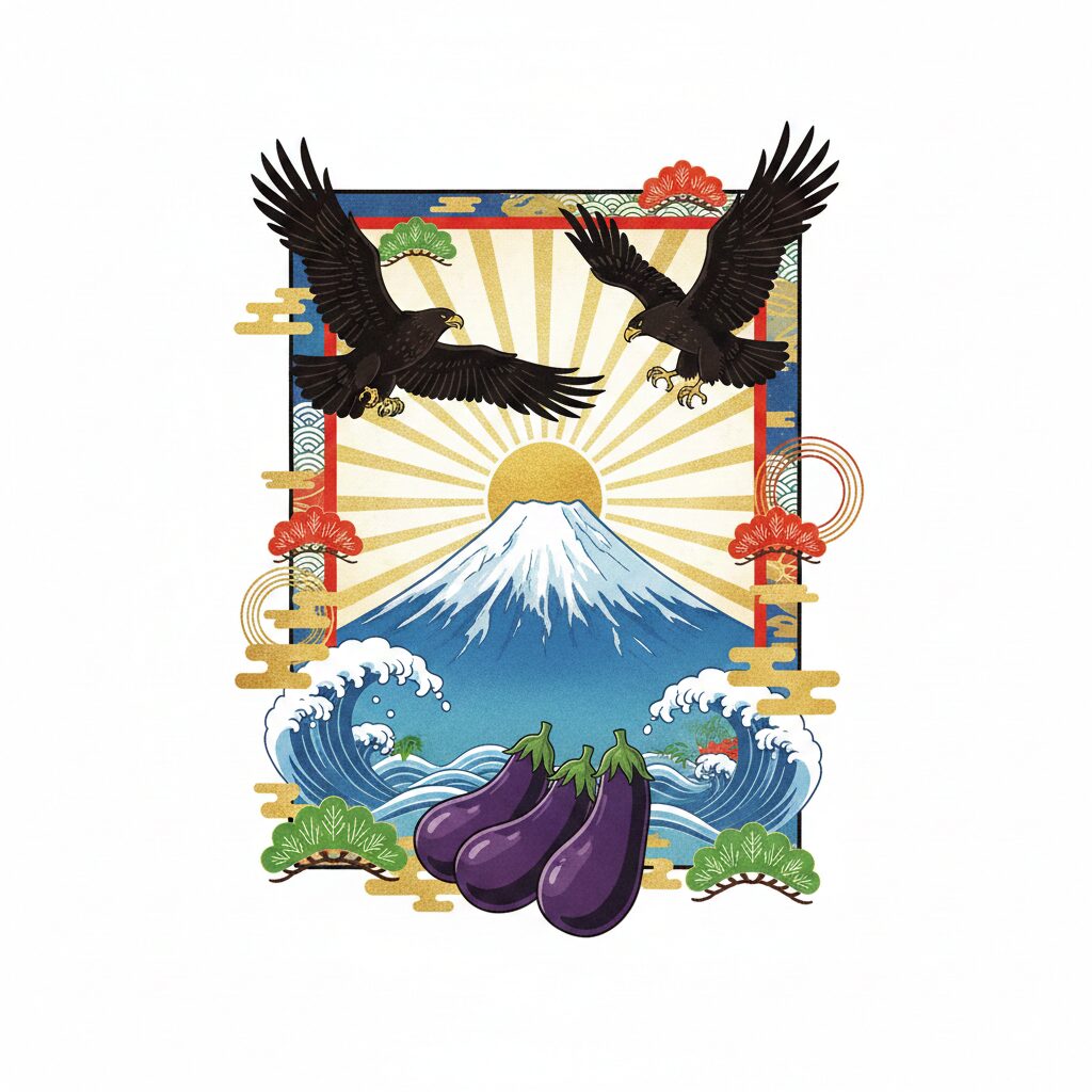 一富士二鷹三茄子を全て一枚に収めたイラスト。