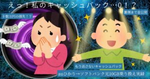 アイキャッチ画像。左側は飛んでいくお金と顔を手で覆う表情でキャッシュバックを失った絶望を表現。右側は「光」を得たことにより喜んでいる様子を表現。「えっ！私のキャッシュバック…０！？十数万円の損失！？裏側まで全公開　もう逃さないキャッシュバック　auひかり→ソフトバンク光10GB乗り換え実録」というテキストが埋め込まれている。
