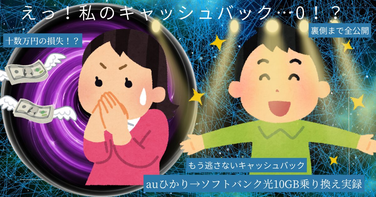 アイキャッチ画像。左側は飛んでいくお金と顔を手で覆う表情でキャッシュバックを失った絶望を表現。右側は「光」を得たことにより喜んでいる様子を表現。「えっ!私のキャッシュバック…0!?十数万円の損失!?裏側まで全公開 もう逃さないキャッシュバック auひかり→ソフトバンク光10GB乗り換え実録」というテキストが埋め込まれている。
